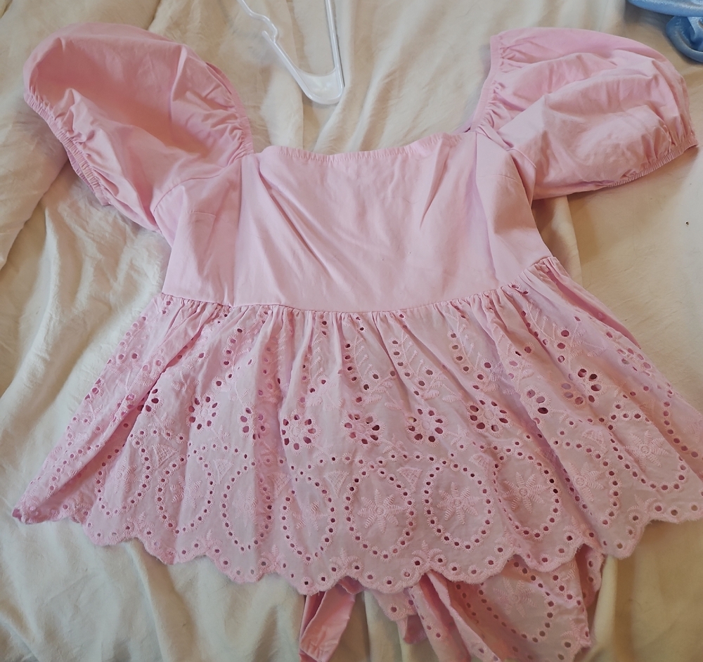 Altar'd State Pink Puff Sleeve Eyelet Peplum Top